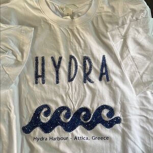 H & M White T-Shirt with Blue Hydra Design